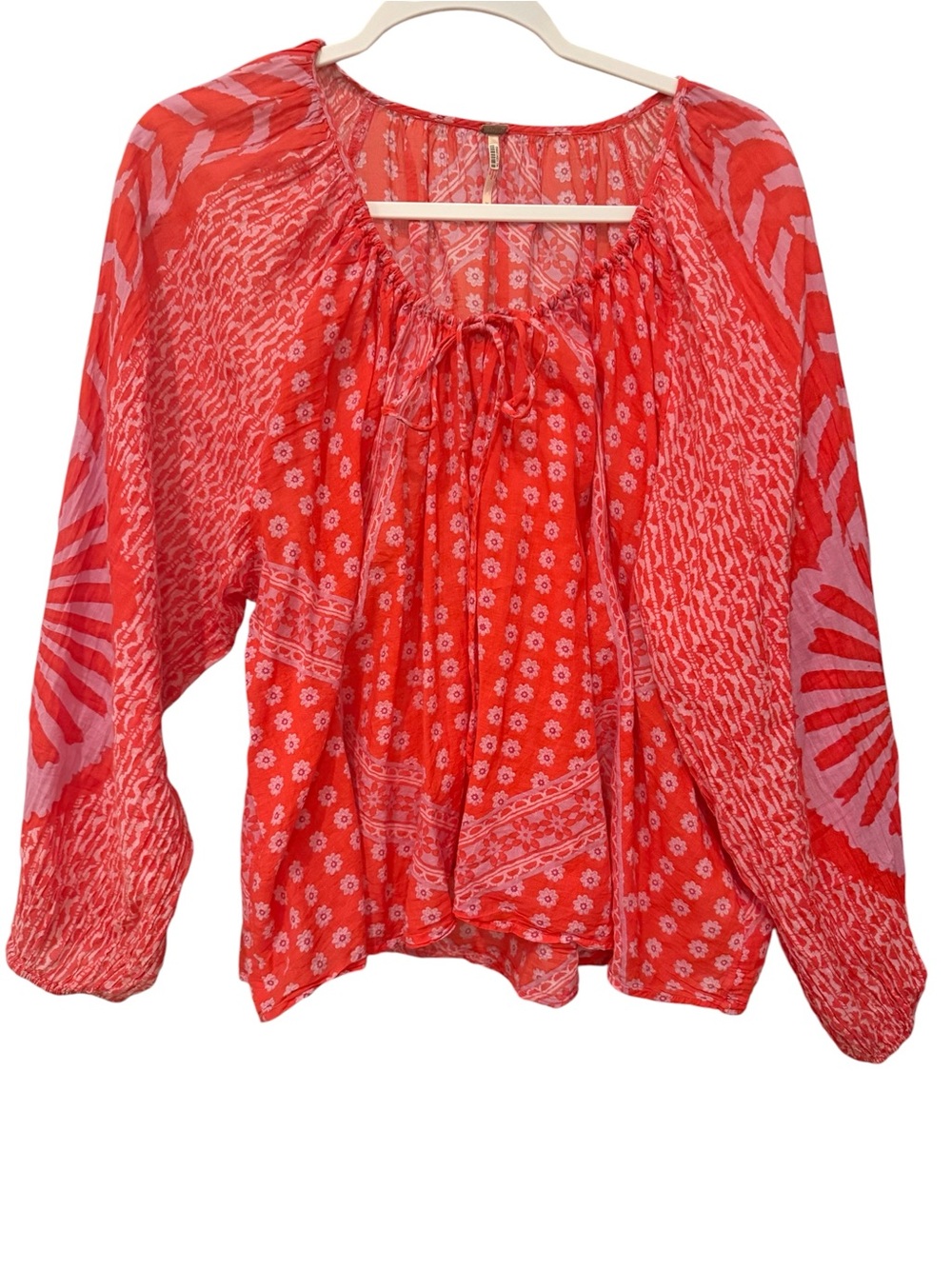Free People Hendrix Printed Mesh Blouse Red Boho Floral Chiffon Top Size M